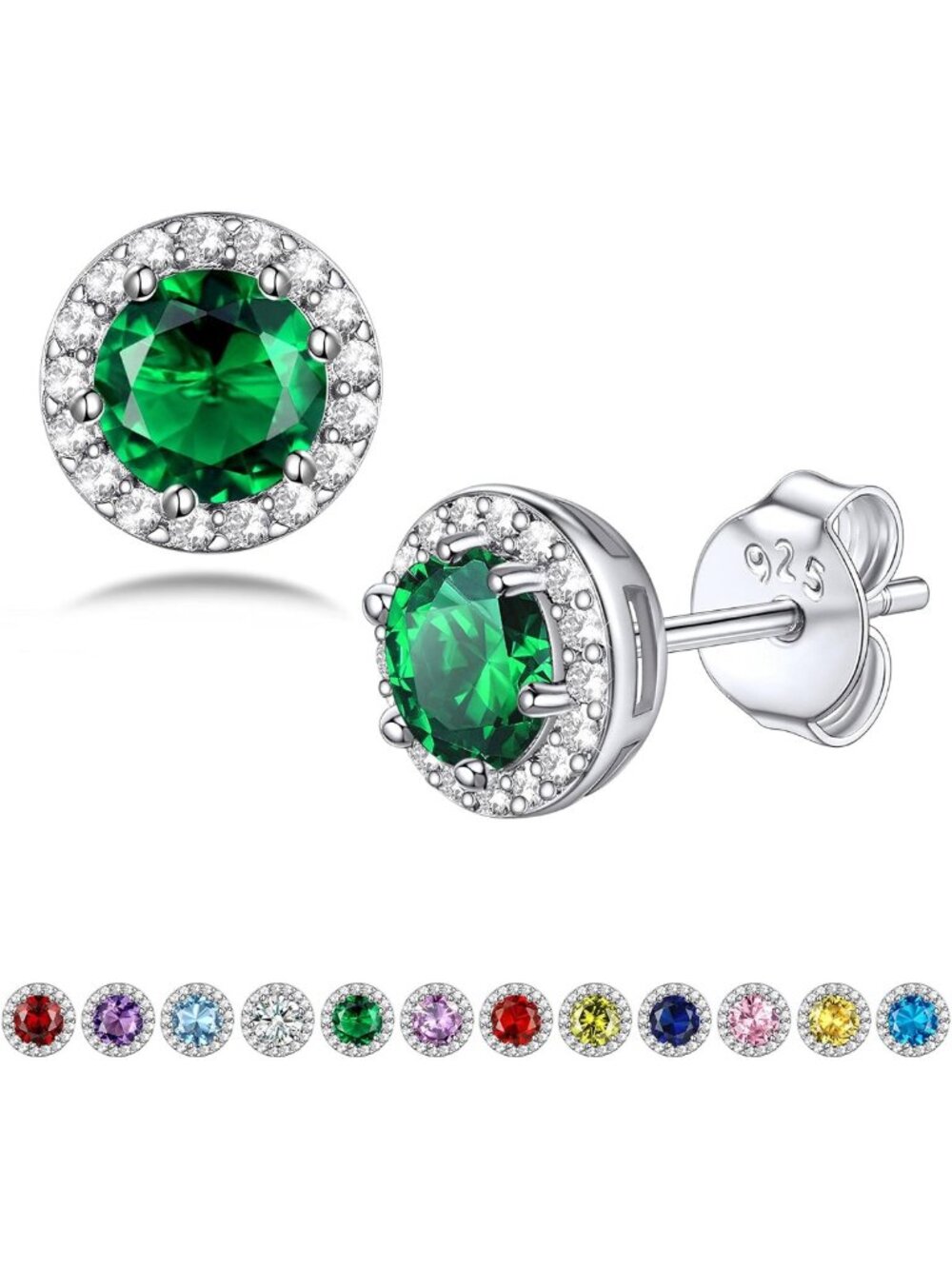 Sparkling 925 Sterling Silver Birthstone Stud Earrings for Women - Heart, Round